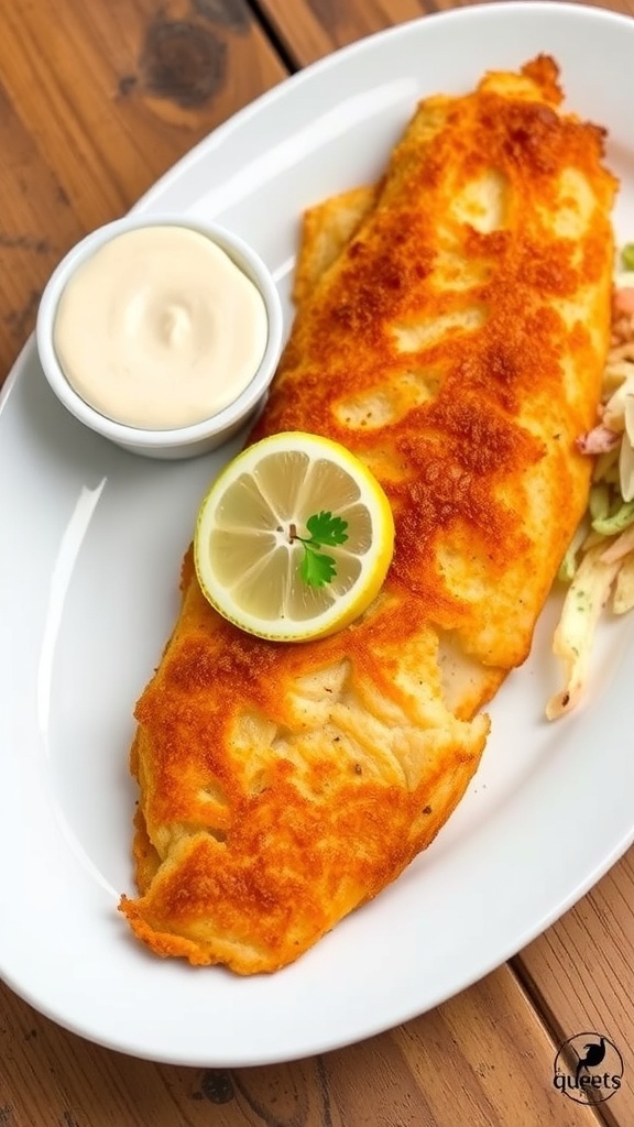 Crispy toasted catfish fillet on a plate with lemon and parsley, served with coleslaw and tartar sauce.